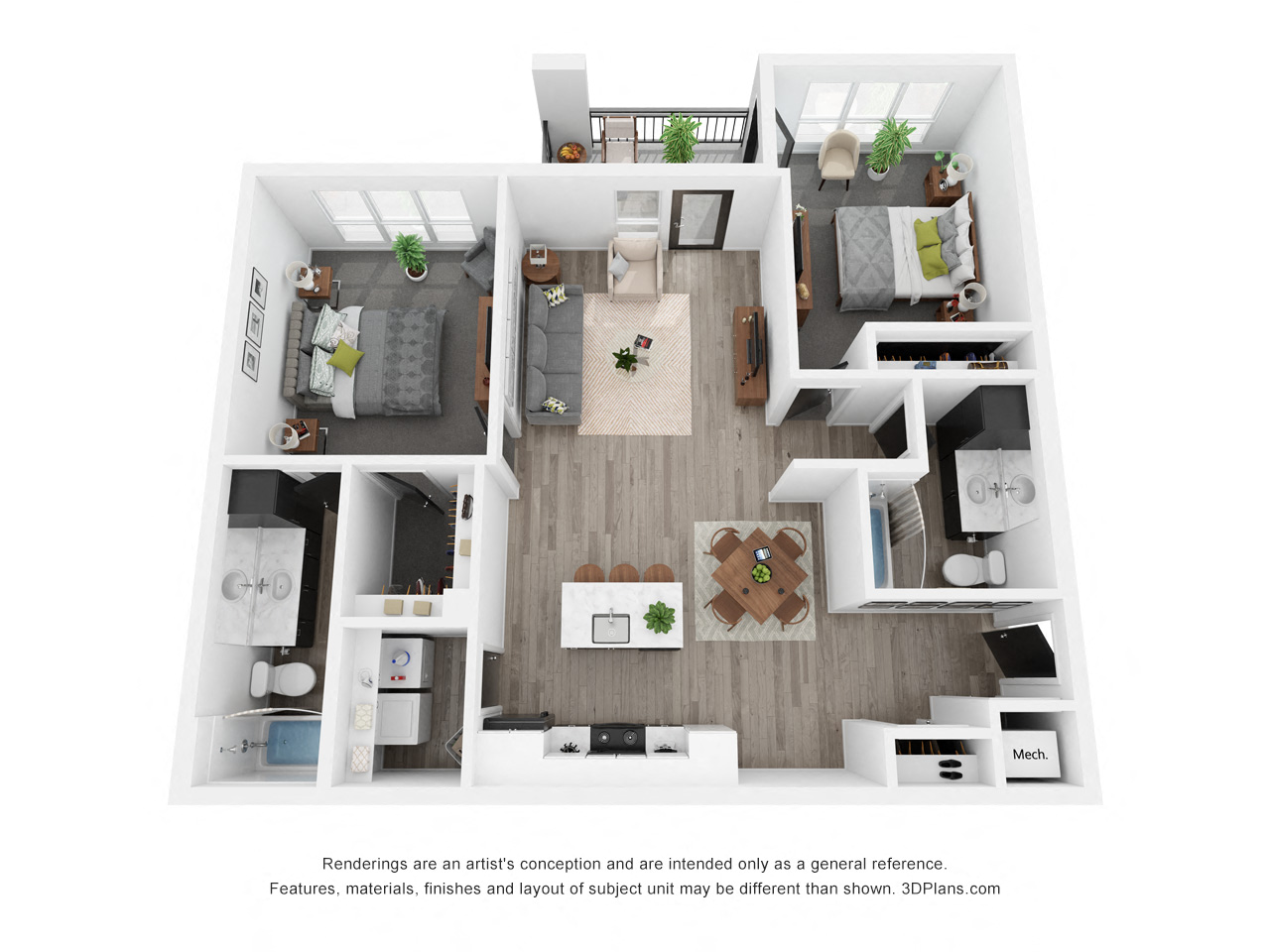 Floor plan for 2 beds, 2 baths, 1134 sqft